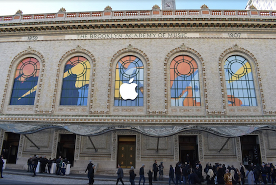 Brooklyn Academy of Music, site of the event, was festooned in Apple iconography. Photos by Stephen Koepp