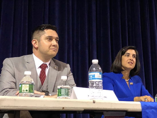 Challenger Adam Baumel and Assemblymember Nicole Malliotakis sparred over a number of subjects in the Bay Ridge Community Council debate. Eagle photo by Paula Katinas