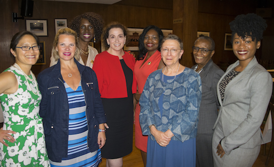 Members of the Brooklyn Women's Bar Association held a speed networking event that was designed to help inexperienced attorneys connect with judges. Pictured from left: Hon. Lillian Wan, President Carrie Anne Cavallo, Hon. Sylvia Ash, Hon. Miriam Cyrulnik, Hon. Genine Edwards, Hon. Rachel Adams, Hon. Cheryl Gonzales and Natoya McGhie. Eagle photo by Rob Abruzzese
