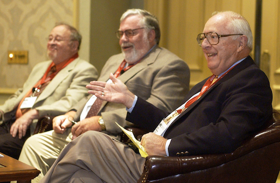 In this 2004, file photo, Dave Anderson, New York Times sports columnist, right, gestures while on a panel discussion with, from left, Jerry Izenberg, Newark Star-Ledger sports columnist, and Bill Conlin, Philadelphia Daily News sports columnist during the Associated Press Sports Editors convention in Philadelphia. Anderson, a Pulitzer Prize-winning sports columnist, died Thursday at an assisted living facility in Cresskill, N.J. He was 89. AP Photo/Mike Mergen, FIle