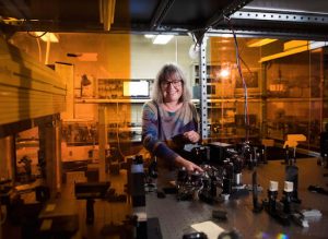 Nobel Prize winner Donna Strickland shows the media her lab in Waterloo, Ontario. Nathan Denette/The Canadian Press via AP