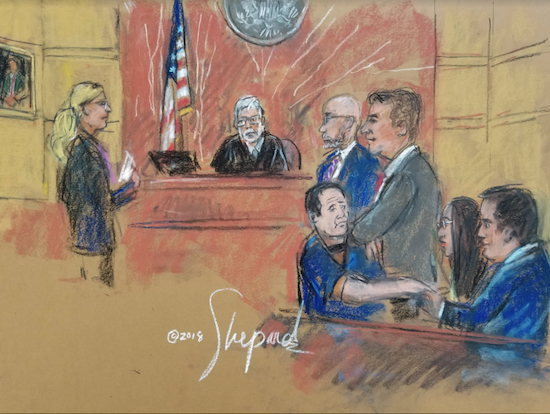 U.S. District Court Judge Brian M. Cogan, of the Eastern District of New York, talks with an assistant U.S. attorney (left) and defense attorneys Eduardo Balarezo and Jeffrey Lichtman while Joaquin Guzman Loera (sitting), better known as "El Chapo," sits with new defense attorneys Mariel Colon Miro and Paul Townson. Eagle sketch by Shirley and Andrea Shepard