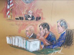 Attorneys for Joaquin Guzman Loera, pictured in blue wearing headphones in the courtroom sketch, tried for the fifth time to delay the start of the trial, which will begin with jury selection on Monday. Eagle sketch by Shirley and Andrea Shepard
