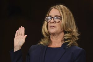 Christine Blasey Ford is sworn in to testify before the Senate Judiciary Committee on Capitol Hill in Washington, Thursday, Sept. 27, 2018. Saul Loeb/Pool Photo via AP
