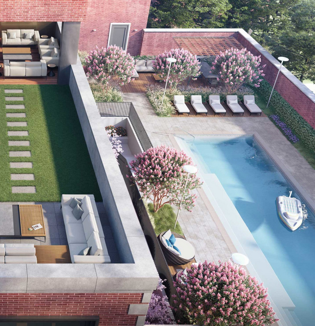 After meeting opposition, Fortis Property Group temporarily withdrew its application to build a nine-foot-high brick wall around a swimming pool as part of the planned luxury 5 River Park development in Cobble Hill at the site of the former Long Island College Hospital.  Rendering courtesy of Fortis Property Group