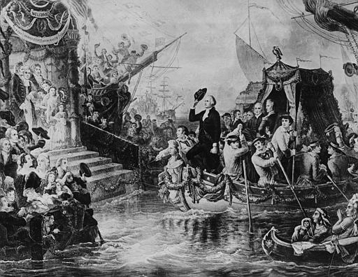 This drawing depicts George Washington arriving in New York by barge on his inauguration day on April 30, 1789. The nation's first president took his oath of ofiice on the balcony of Federal Hall on Wall Street. AP Photo