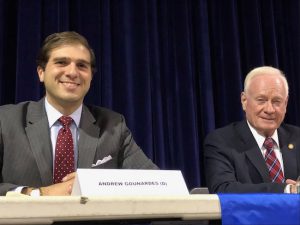 Andrew Gounardes and state Sen. Marty Golden appeared relaxed before the start of their big debate. Things quickly changed when the debate began.  Eagle photo by Paula Katinas