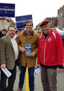 Reform Party leaders Bob Capano (left) and Curtis Sliwa (right) campaigned with Democrat Andrew Gounardes at the recent Third Avenue Festival in Bay Ridge. Photo courtesy of the Kings County Reform Party