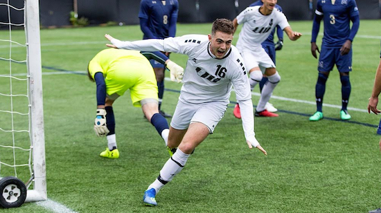 Huib Achterkamp celebrates his game-winning header in overtime on Sunday as the soon-to-be-relocated LIU-Brooklyn men’s soccer squad won its eighth game in a row. Photo courtesy of LIU-Brooklyn Athletics