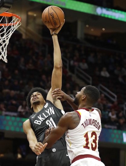 Brooklyn Nets' Jarrett Allen shoots over Cleveland Cavaliers' Tristan Thompson  in the first half of an NBA basketball game, Wednesday, Oct. 24, 2018, in Cleveland. AP Photo/Tony Dejak