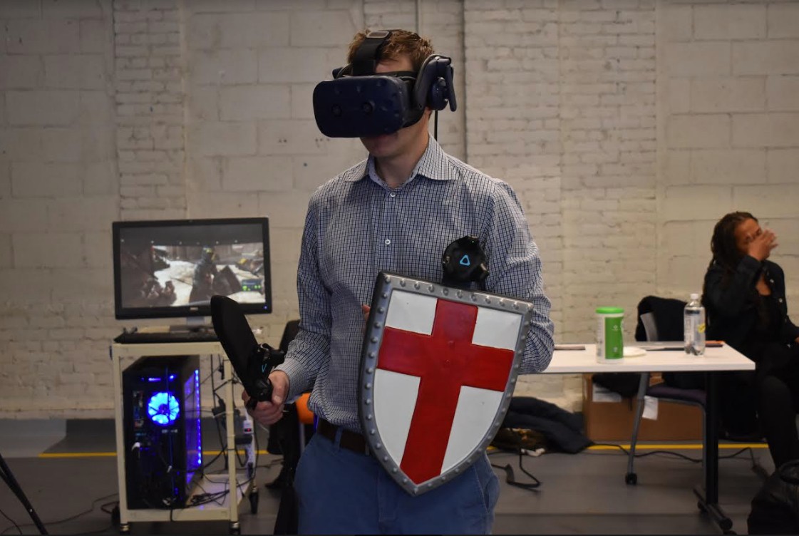 A willing participant in the VR version of Knightfall, a History Channel series about the Knights Templar. The game will be deployed for “location-based experiences,” for example in the lobbies of Imax theaters, said Timothy Call, a senior director of mul