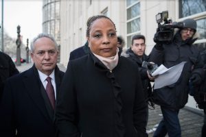 Former Assemblywoman Pamela Harris, seen here leaving Brooklyn Federal Court after a hearing in January with attorney Jerry H. Goldfeder following, will be sentenced on Thursday after she pleaded guilty to two counts of wire fraud, one count of making false statements to FEMA and one count of witness tampering. Harris faces up to 30 years in prison, but prosecutors have asked for just 33-41 months, per federal guidelines. AP Photo/Mary Altaffer