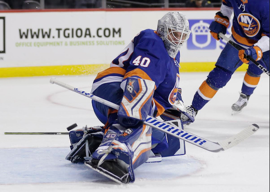Robin Lehner made 35 saves and some history Monday afternoon at Downtown’s Barclays Center, becoming the first-ever Islander to post a shutout in his team debut between the pipes. AP Photo by Seth Wenig