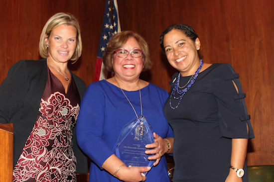 The Brooklyn Women’s Bar Association and other legal groups honored Justice Jeanette Ruiz, administrative judge of the NYC Family Court, during its annual Hispanic Heritage Month celebration. Pictured from left: President Carrie Anne Cavallo, Hon. Jeanette Ruiz and Hon. Joanne Quinones. Eagle photos by Mario Belluomo