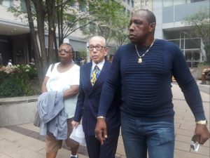 Eloise Siverls (left) the aunt of Ralph Nimmons, Sanford Rubenstein (middle) attorney for the Nimmons family and Bonezelee Nimmons (right) the uncle of Ralph Nimmons, met with Brooklyn District Attorney Eric Gonzalez on Wednesday, October 10, 2018 about the ongoing investigation into Ralph’s death on April 14, 2018 while in custody of Stop & Shop security. Eagle Photo by Christina Carrega