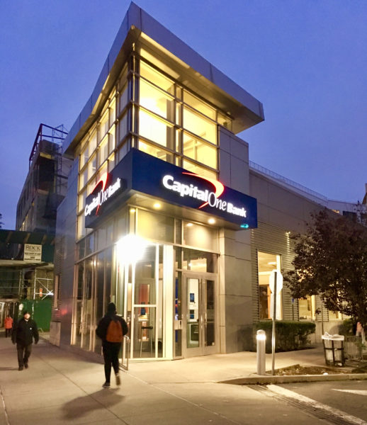 This Capital One Bank branch stands on the corner of Marcy and Metropolitan avenues.