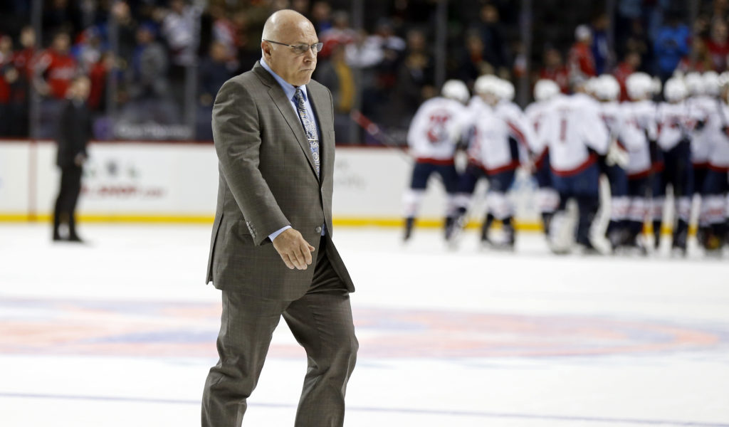 Islanders head coach Barry Trotz had to watch his former players celebrate following defending Stanley Cup champion Washington’s 4-1 win over New York at Barclays Center Monday night. AP Photo by Adam Hunger