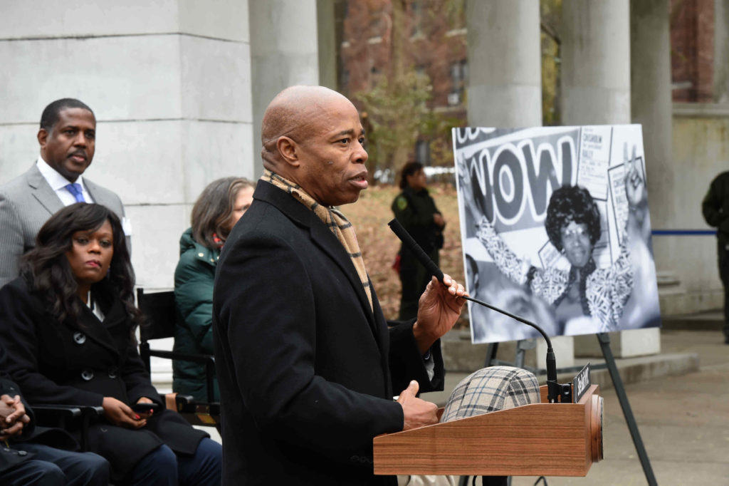 Borough President Eric Adams speaks about the legacy of Shirley Chisholm at Prospect Park. Eagle photos by Todd Maisel