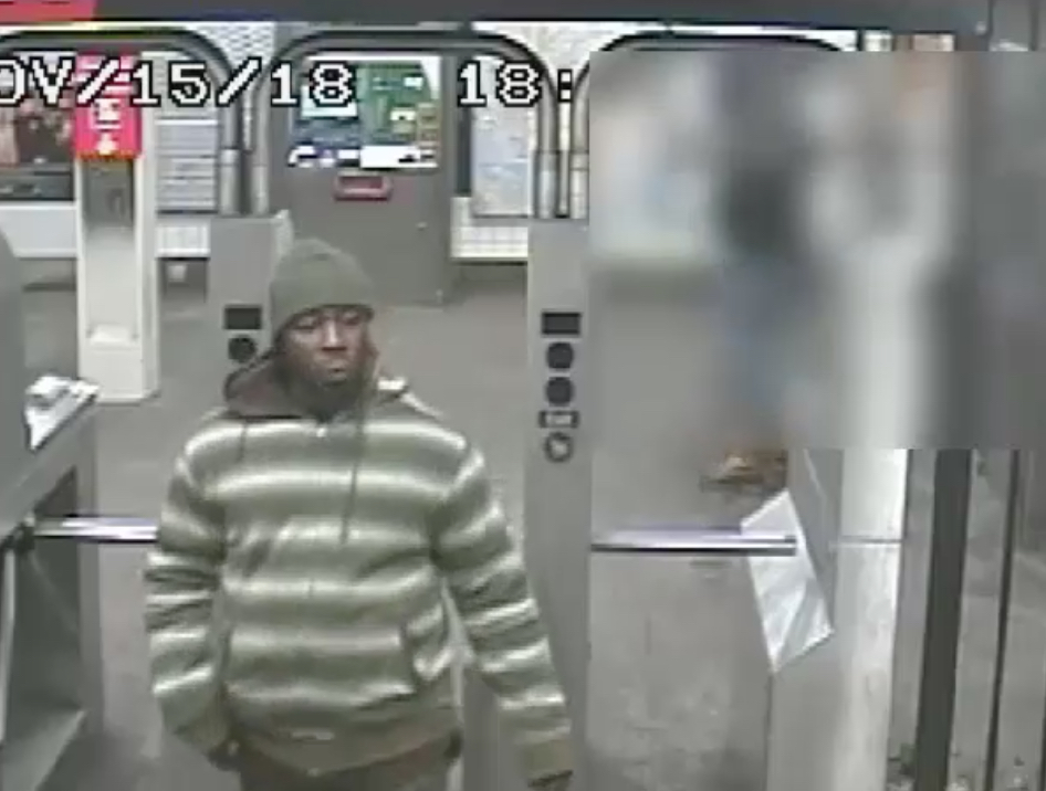 A still from surveillance video shows Mowngly Lucas, the suspect in the Nov. 18 rape near Prospect Park, entering the Franklin Avenue subway station. Courtesy of NYPD.