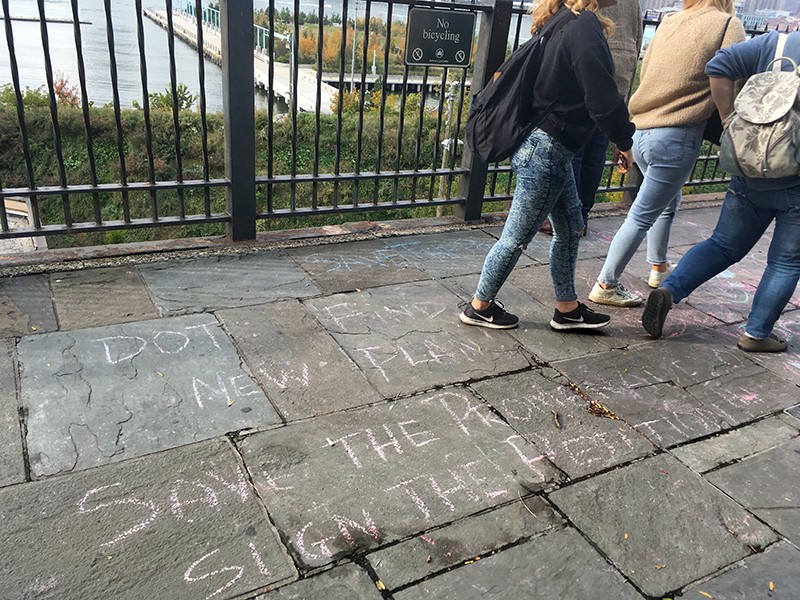 In one initiative seen above, “Chalk the  In one initiative seen above, “Chalk the Walk,” Save the Promenade / A Better Way NYC packaged chalk and asked Promenade users to write messages about what the walkway means to them. Eagle photo by Mary Frost
