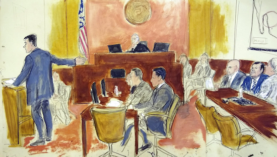 During his opening statement, Assistant U.S. Attorney Adam Feels, left, gestures to Joaquin "El Chapo" Guzman, second from right, sitting next to his attorney Eduardo Balarezo, at Brooklyn Federal Court, as Guzman's high-security trial got underway in the Brooklyn Tuesday. Guzman pleaded not guilty to charges that he amassed a multi-billion-dollar fortune smuggling tons of cocaine and other drugs in a vast supply chain that reached New York, New Jersey, Texas and elsewhere north of the border. Elizabeth Wil