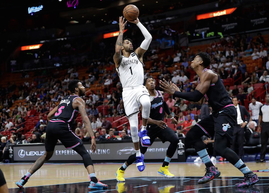 D’Angelo Russell played one of his best all-around games of the season Tuesday in Miami as the Nets beat the Heat to continue their recent surge since the loss of injured leading scorer Caris LeVert. AP Photo by Lynne Sladky