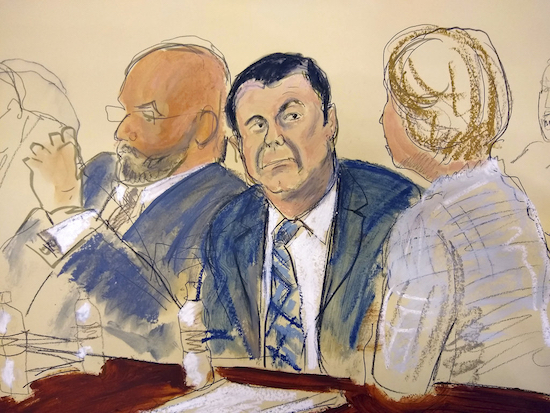 In this courtroom sketch Joaquin "El Chapo" Guzman, center, sits next to his defense attorney Eduardo Balazero, left, Elizabeth Williams via AP