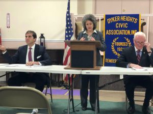 Democrat Andrew Gounardes (left) is the state senator-elect after Republican incumbent Marty Golden (right) conceded the election on Monday. The two candidates took part in a debate last month moderated by Fran Vella-Marrone (center), president of the Dyker Heights Civic Association. Eagle file photo by Paula Katinas