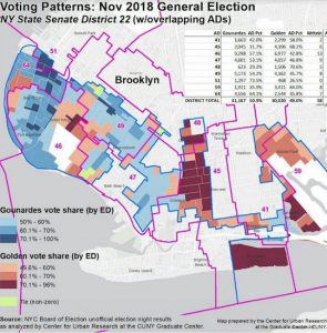 The map of the 22nd Senate District shows areas where Gounardes did particularly well in the election. The Center for Urban Research analyzed the election results. Map courtesy of NYC Board of Elections