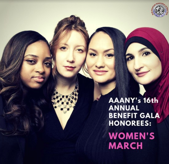 Linda Sarsour (right) came back to the Arab-American Association of New York last year with fellow Women's March Co-Chairs Tamika D. Mallory, Bob Bland and Carmen Perez, (left to right), to receive an award at the organization’s annual dinner. Photo courtesy of the AAANY
