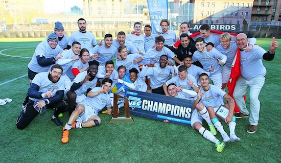 The Blackbirds raise the NEC Championship trophy at LIU Field Sunday afternoon after winning their final match ever at the pitch here in Downtown Brooklyn. Photo Courtesy of LIU-Brooklyn Athletics