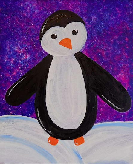 The penguin painting that participants will create. Image courtesy of Pinot’s Palette