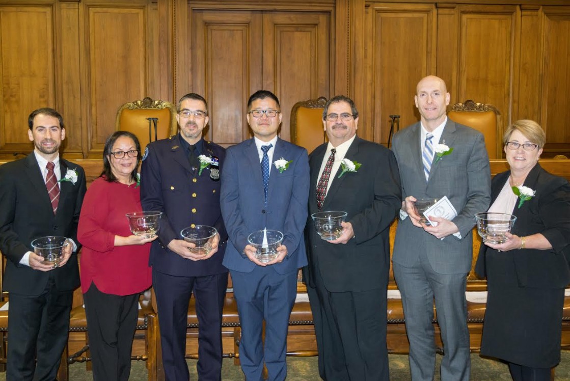 The 2018 Milton Mollen Award honorees (pictured from left): Gregory N. Edwards, Haydee Mason, Michael Bisceglie, Michael Cheung, Michael Scardino, Joseph Leddo and Jean McNee. Not pictured is John F. Hussey.