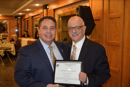 The Columbian Lawyers got an update in matrimonial law from Hon. Jeffrey Sunshine (right, with President Joseph Rosato) during its recent monthly meeting. Eagle photos by Mario Belluomo