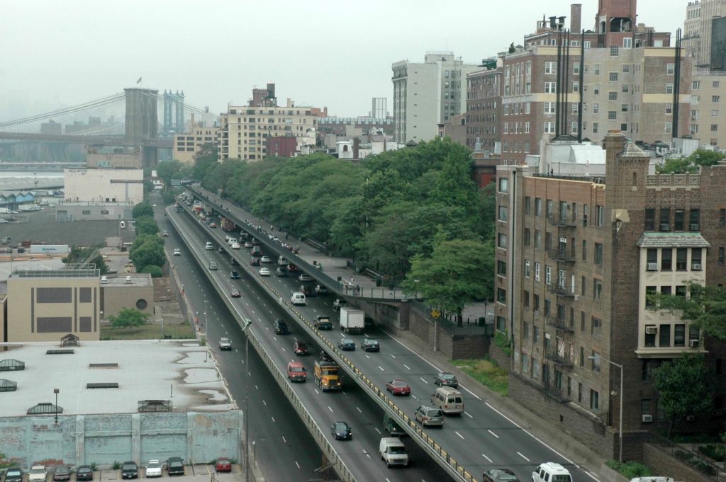 The BQE’s triple-cantilever, topped by the Brooklyn Heights Promenade. Photo by Don Evans