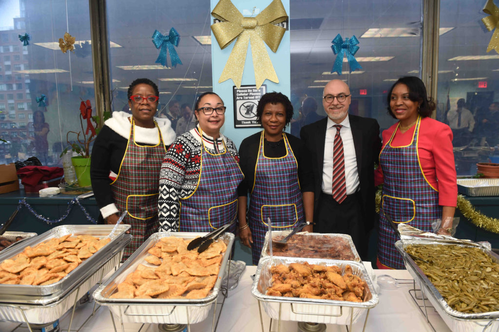 These judges were serving up food at the Brooklyn Civil Court's annual holiday party last Friday. Pictured from left: Hon. Robin Sheares, Hon. Lorna McAllister, Hon. Ingrid Joseph, Hon. Richard Montelione and Hon. Sharon A.B. Clarke. Eagle photos by Todd Maisel