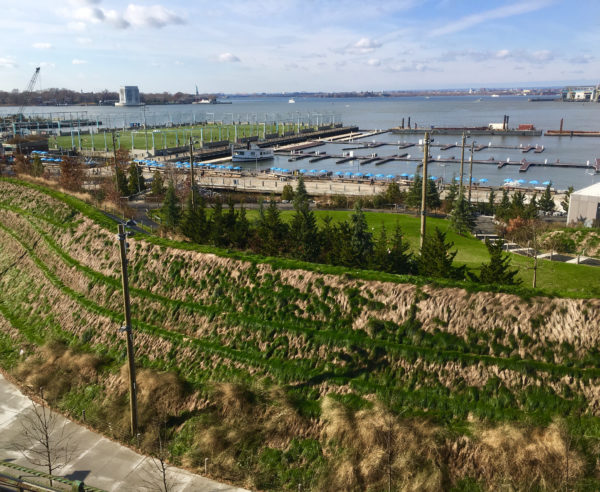 From the Promenade you get a bird's eye view of the sound-attenuating berms at Brooklyn Bridge Park.