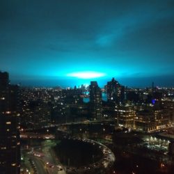A look at the scary bright blue lights from Brooklyn Heights. Eagle staff photo
