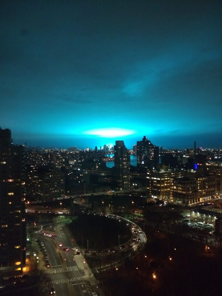 A look at the scary bright blue lights from Brooklyn Heights. Eagle staff photo