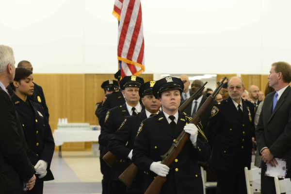 The “Captain William H. Thompson, Sergeant Thomas Jurgens and Sergeant Mitchel Wallace Court Officers Academy,”  facility on St. John's Place in Crown Height is named for the three court officers killed in the line of duty trying to save New Yorkers on 9-11 at the World Trade Center. Honor guard presents the colors.