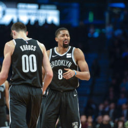 Rookie Rodions Kurucs and Spencer Dinwiddie couldn’t bring the Nets all the way back from a double-digit deficit during Monday night’s 99-97 loss to the woeful Cleveland Cavaliers at Downtown’s Barclays Center. AP Photo by Howard Simmons