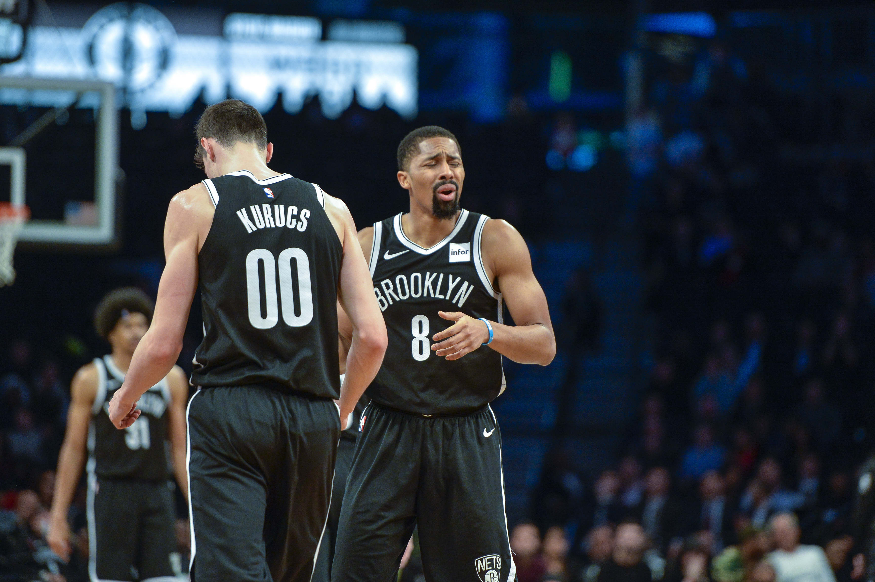 Rookie Rodions Kurucs and Spencer Dinwiddie couldn’t bring the Nets all the way back from a double-digit deficit during Monday night’s 99-97 loss to the woeful Cleveland Cavaliers at Downtown’s Barclays Center. AP Photo by Howard Simmons