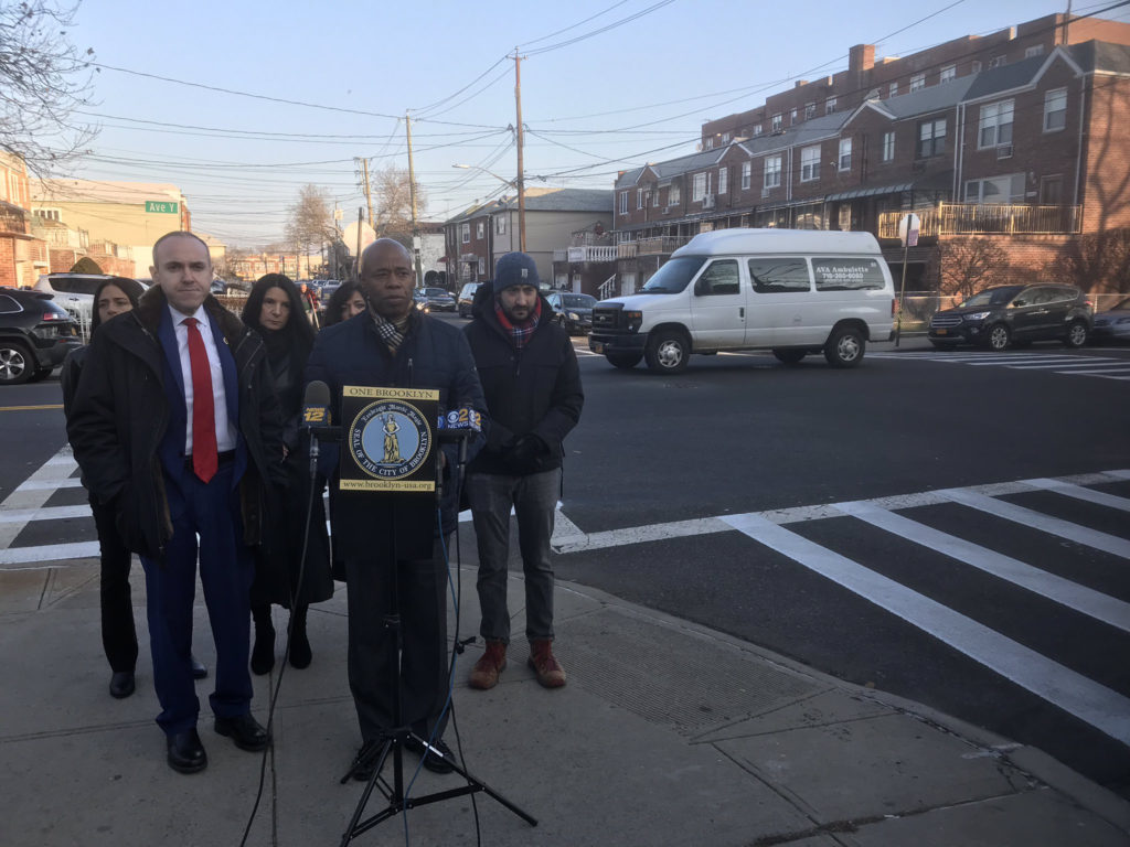 Councilmember Mark Treyger and Borough President Eric Adams at the intersection where 57-year-old Francine LaBarbara was struck down by a hit-and-run driver. Photo courtesy of Borough President Eric Adams