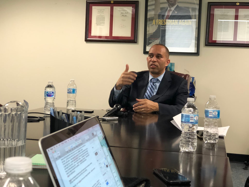 U.S. Rep. Hakeem Jeffries discusses a number of issues during a roundtable with reporters in his Brooklyn district office. Eagle photo by Paula Katinas