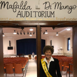 The late Mafalda DiMango’s last public appearance took place at P.S. 204 in June when she attended a ceremony in which the school auditorium was named after her. New York City will officially name the street corner outside the school in her memory in the spring. Eagle file photo by Paula Katinas