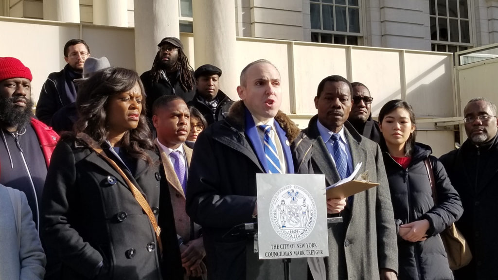Councilmember Mark Treyger (center) organized a rally at City Hall to highlight what he said is a need for more interpreters to assist non-English speaking voters at polling sites on Election Day. Photo courtesy of Councilmember Mark Treyger