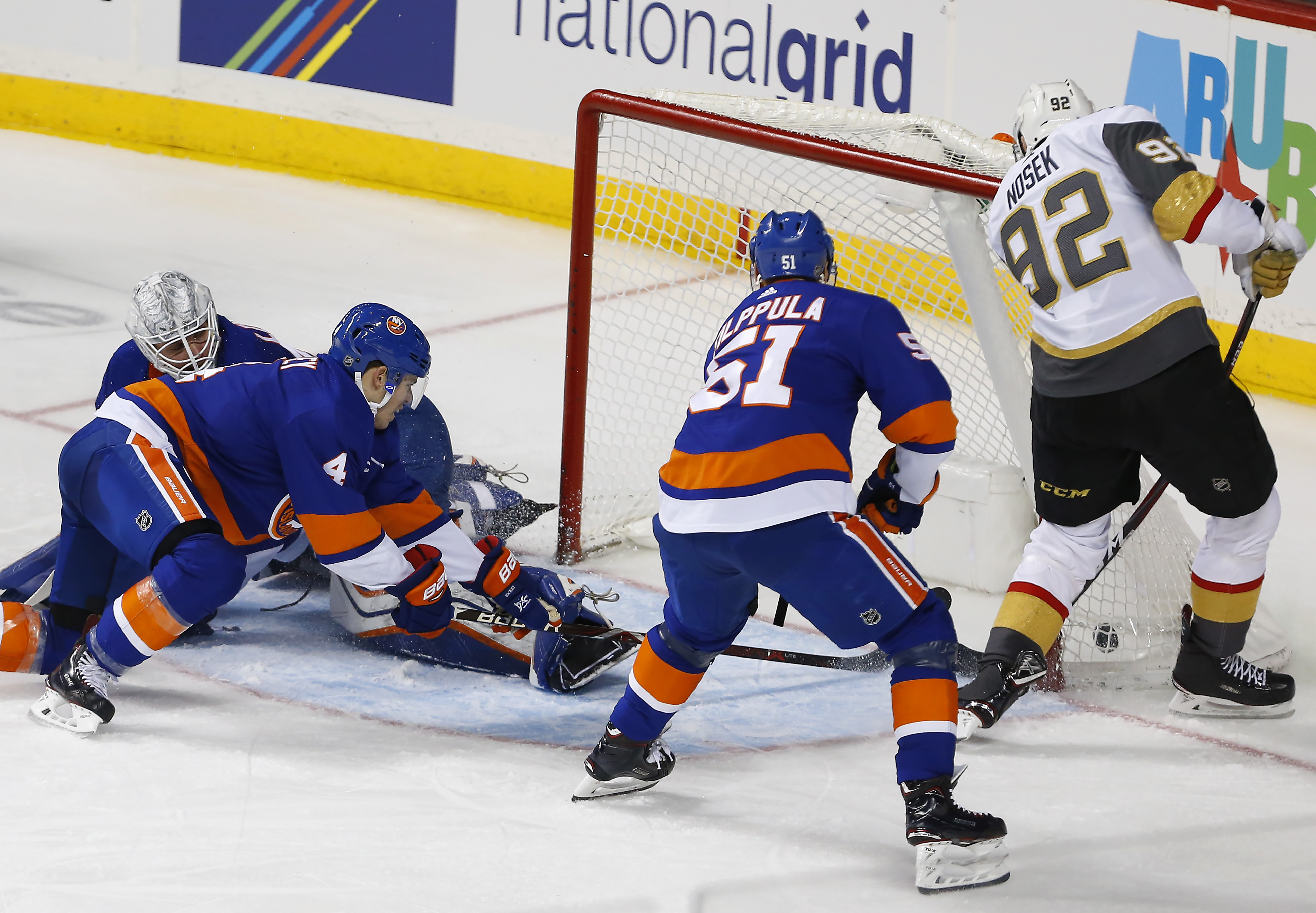 Vegas winger Tomas Nosek takes advantage of a loose puck in front of the net Wednesday night at Downtown’s Barclays Center, stuffing home the decisive goal in the Islanders’ 3-2 loss to the Golden Knights. AP Photo by Noah K. Murray