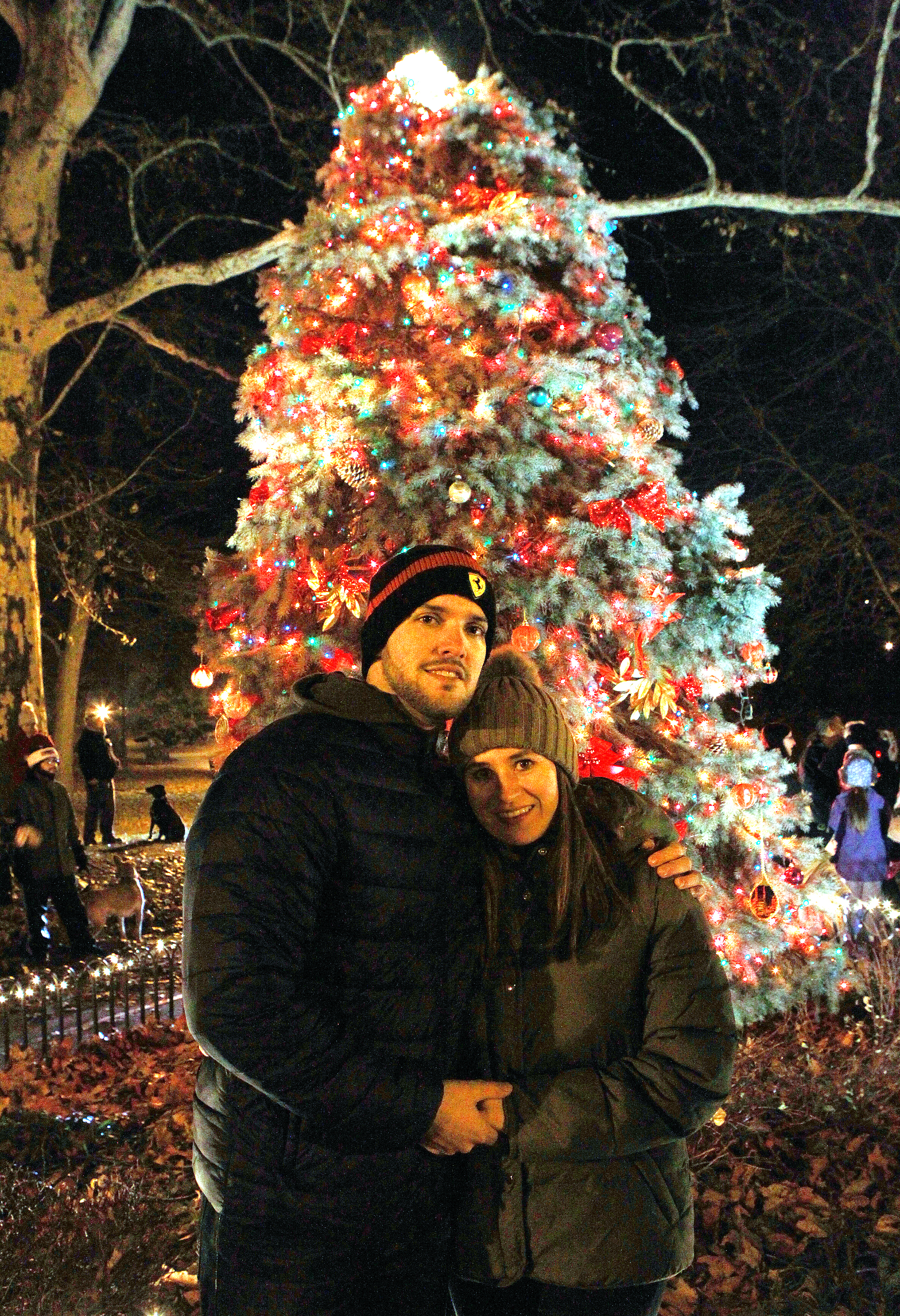 Eric and Erika Landa in front of the lit tree. Photo By Steve Solomonson