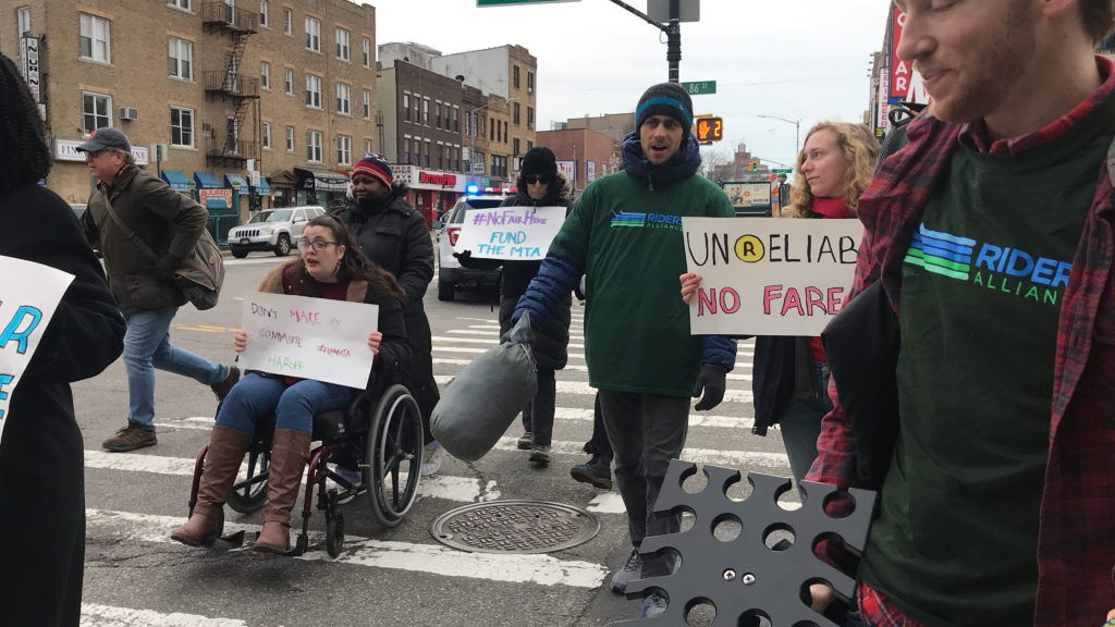 Members of the Riders Alliance began their hike on Fourth Avenue and 86th Street and walked nine blocks north to 77th Street to protest a proposed subway fare hike. Photo courtesy of Riders Alliance