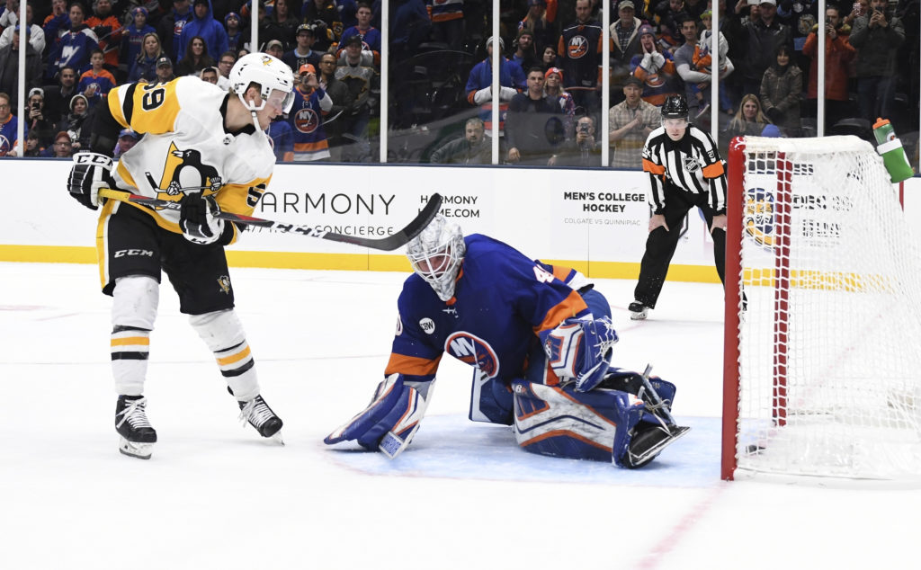 Robin Lehner played a spectacular game in net Monday night, but ultimately took the loss when Pittsburgh’s Jake Guentzel beat him with this game-winning goal during the fifth and final round of the shootout. AP Photo by Kathleen Malone-Van Dyke